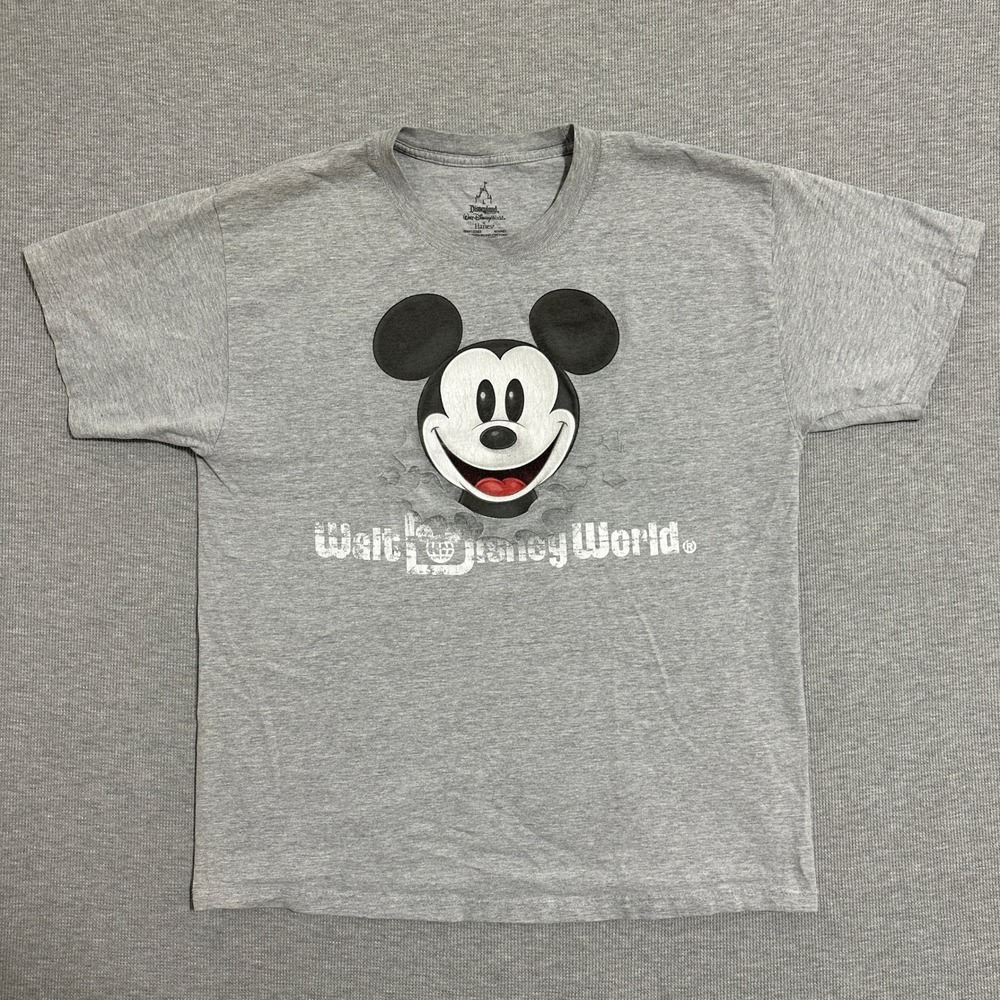 Walt Disney World Mickey Mouse Gray Graphic T-Shirt Hanes Large Front Back Print